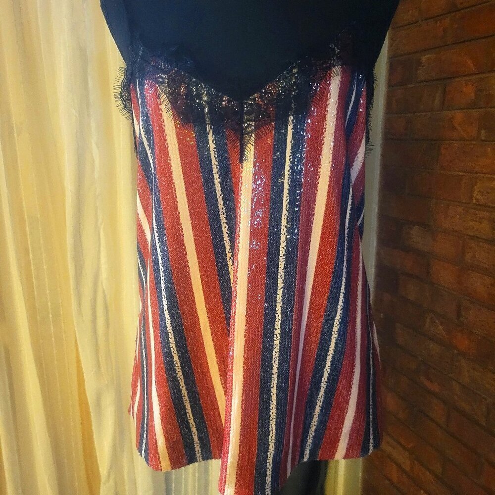 ZARA Sequined Lace Neckline Spaghetti Strap Blouse - Blue/Red/Black/Cream - Sz M